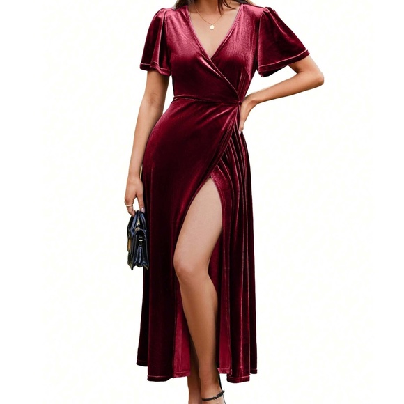 Classic Solid Velvet Wide tie Puff Shoulder Sleeve Party Evening Dress - Picture 2 of 10